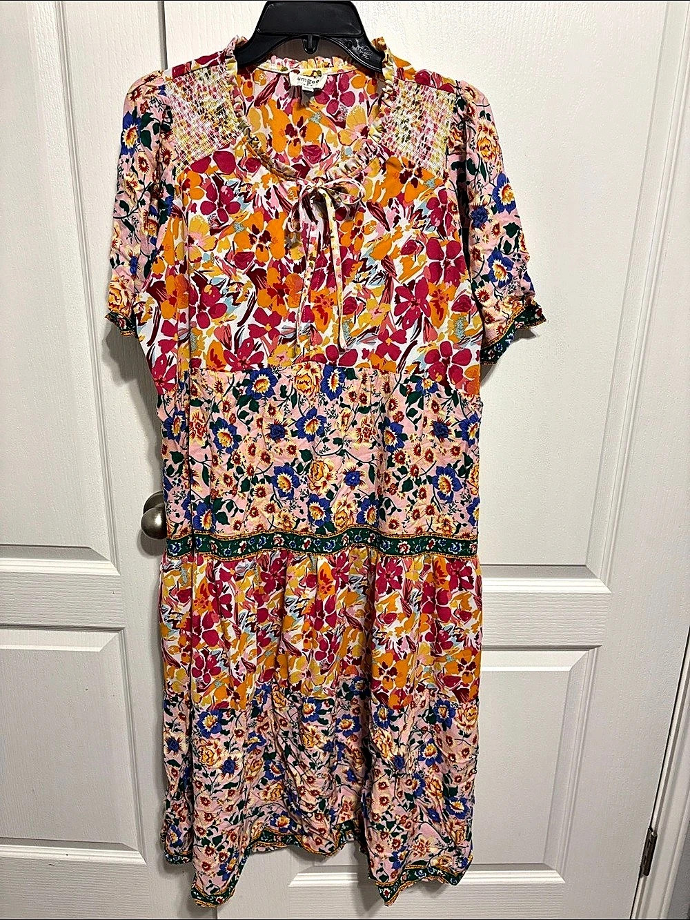 Umgee K6685 Floral Midi Dress in Pink & Orange Size Large